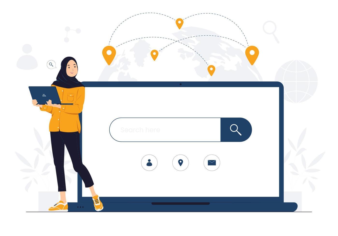 mulher muçulmana segurando laptop e apontando para o navegador da web online, barras de mecanismo de pesquisa, otimização de seo, ilustração de conceito vetor