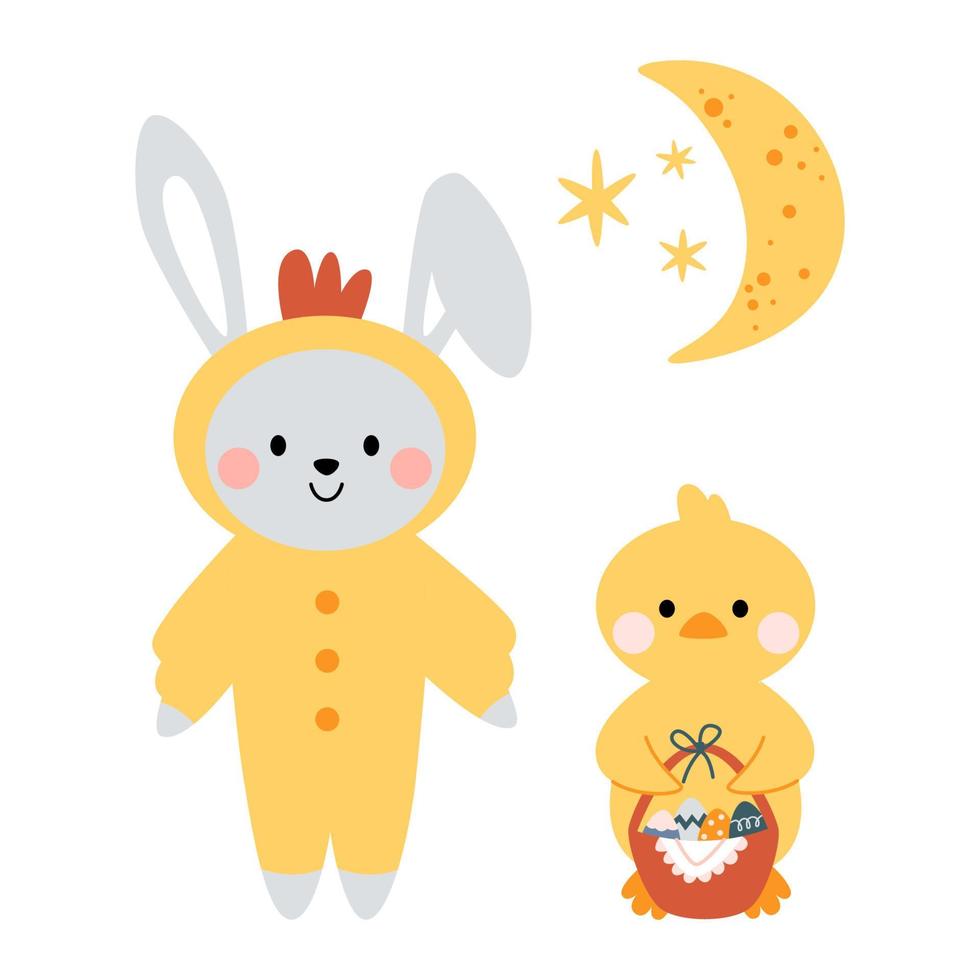 coelhinho fofo kawaii, coelho uma fantasia de frango e frango, patinho com lua e estrelas. Feliz Páscoa. encantador clipart para cartões postais, estampas, banners, modelos, mídias sociais, web. vetor