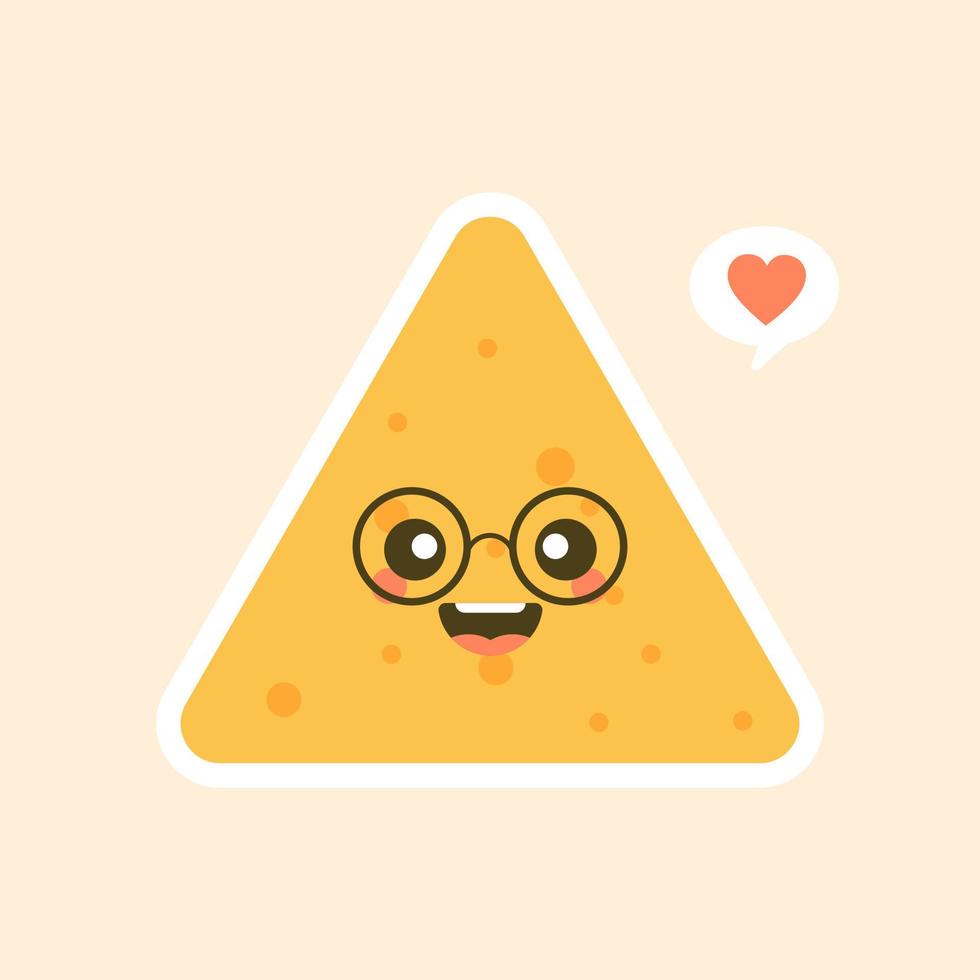 personagem de chip de tortilha feliz bonito e kawaii dos desenhos animados. ilustração vetorial de personagem de nachos vetor