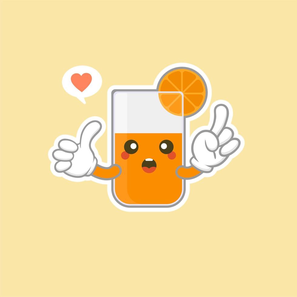 personagem de desenho animado de suco de laranja fofo e kawaii. personagem de bebida extravagante colorida. copo de suco de laranja fresco. vetor