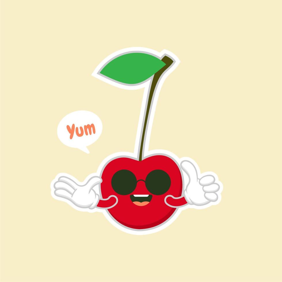 design de personagens de cereja bonito e kawaii com caracteres de vetor de cereja. personagem de vetor de fruta bonito isolado na cor de fundo.