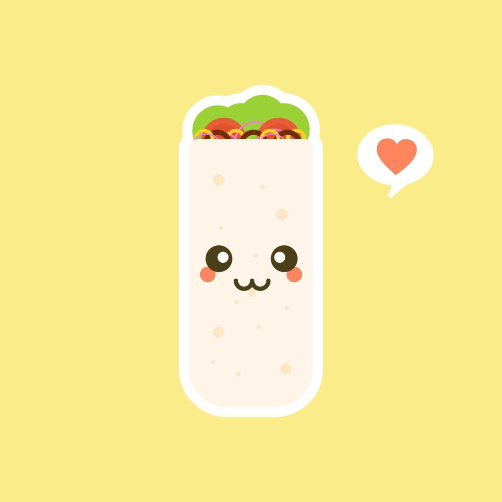 fofo e kawaii engraçado sorridente feliz burrito. ilustração em vetor design plano de comida mexicana. refeição mexicana tradicional, fast food. clipart brilhante e positivo, composição.