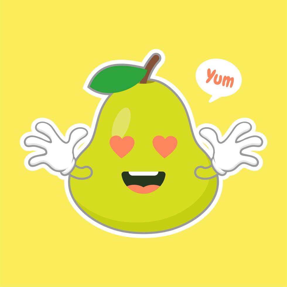 personagens de pêra verde estilo cartoon bonito e feliz para comida saudável, vegan e design de culinária. fruta de pera kawaii com expressão engraçada vetor