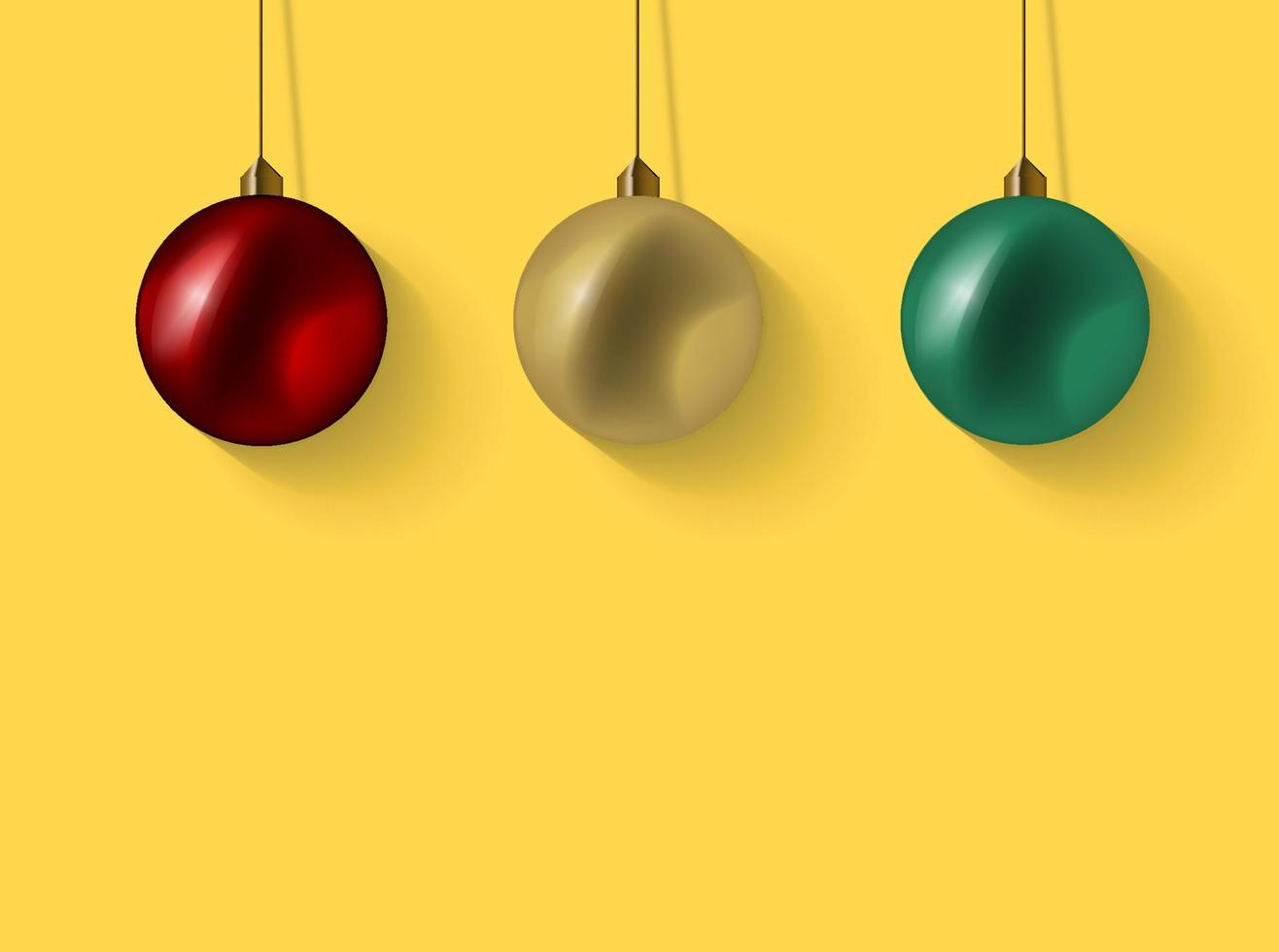 banner de composição de natal. fundo de design de natal com decoração de bola vermelha e verde de ouro brilhante realista. cartaz horizontal com espaço de cópia. layout de cartão. vetor