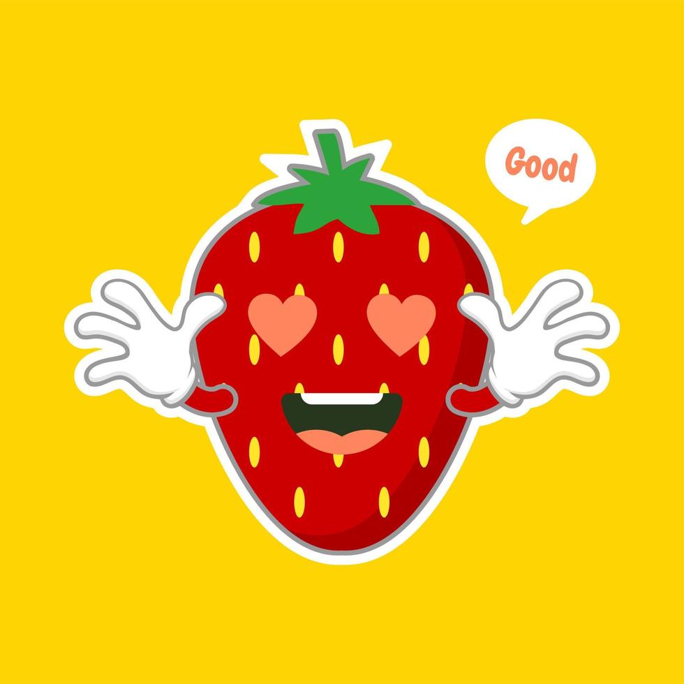 personagem de fruta morango fofo e kawaii. pode ser usado no menu do restaurante, livros de culinária e rótulo de fazenda orgânica. comida saudável. saboroso vegano. produto orgânico. ingrediente culinário. vetor