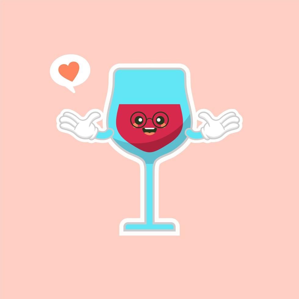 copo bonito e kawaii de vinho tinto, design de personagens de desenhos animados. mascote do álcool. vidro transparente. ilustração vetorial plana isolada na cor de fundo vetor