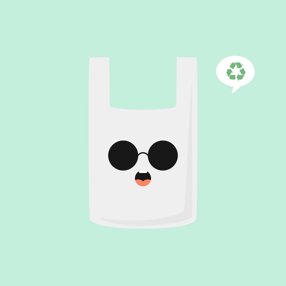 adesivos de vetor de personagem de desenho animado de saco plástico. adesivo ecológico com embalagem plástica. lixo plástico proibido. aproveitamento adequado de resíduos não biodegradáveis. ícone ambiental. desenvolvimento sustentável