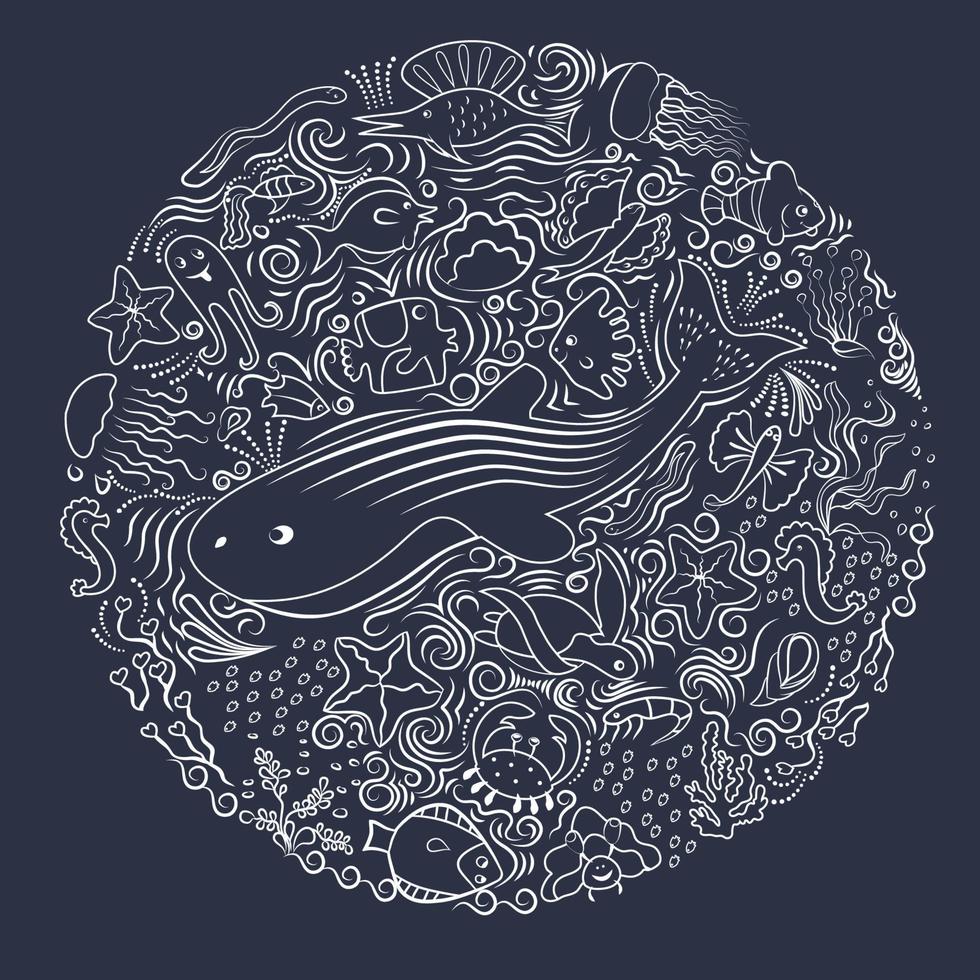 padrão circular. concha, peixes, animais de profundidade do mar e oceano. lindo aquário marinho. isolado em um fundo escuro. feito por linhas brancas artísticas. ilustração vetorial. vetor