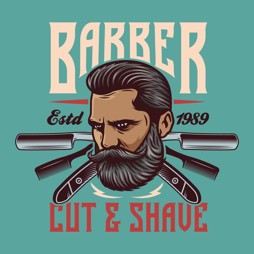 emblema de barbearia com rosto de homem e lâminas de barbear vetor