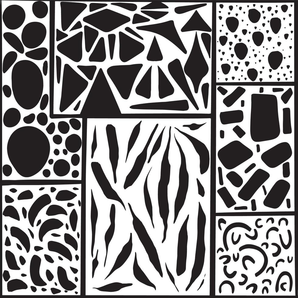 fundo geométrico com texturas diferentes. círculos, quadrados, pinceladas. padrão preto e branco. colagem vetor