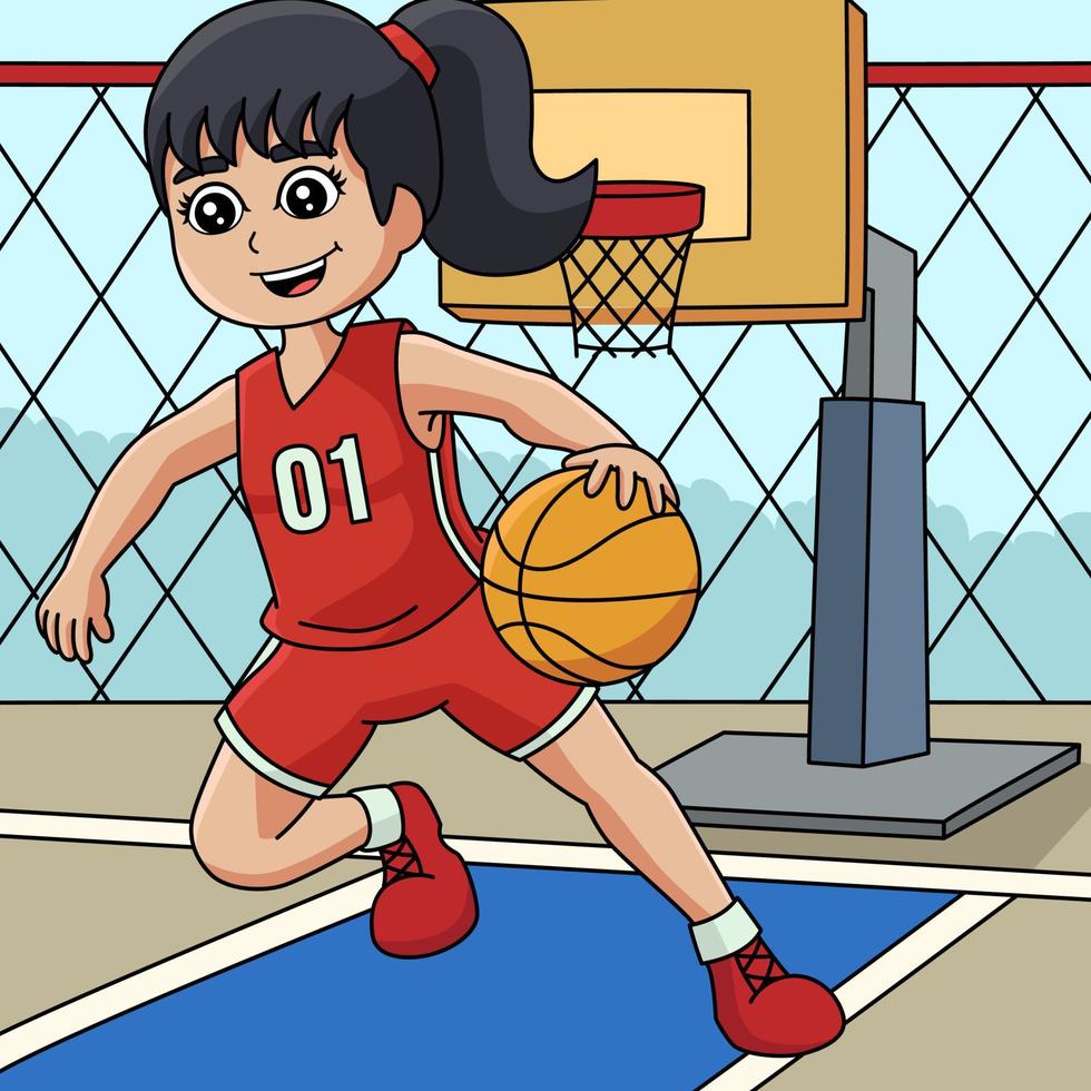 menina jogando basquete colorido cartoon vetor