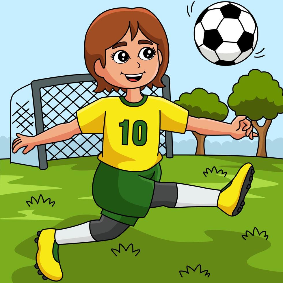 menina jogando futebol ilustração de desenho animado colorido vetor