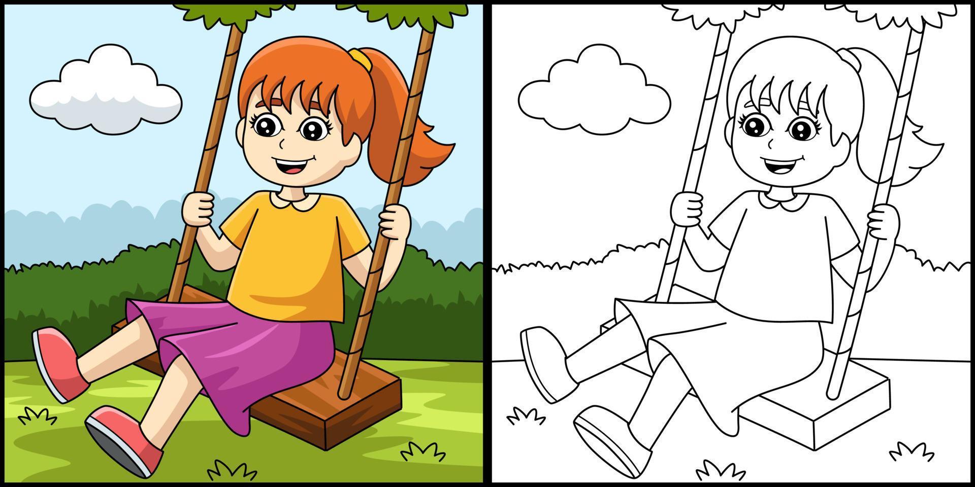 menina em um balanço ilustração de página para colorir vetor