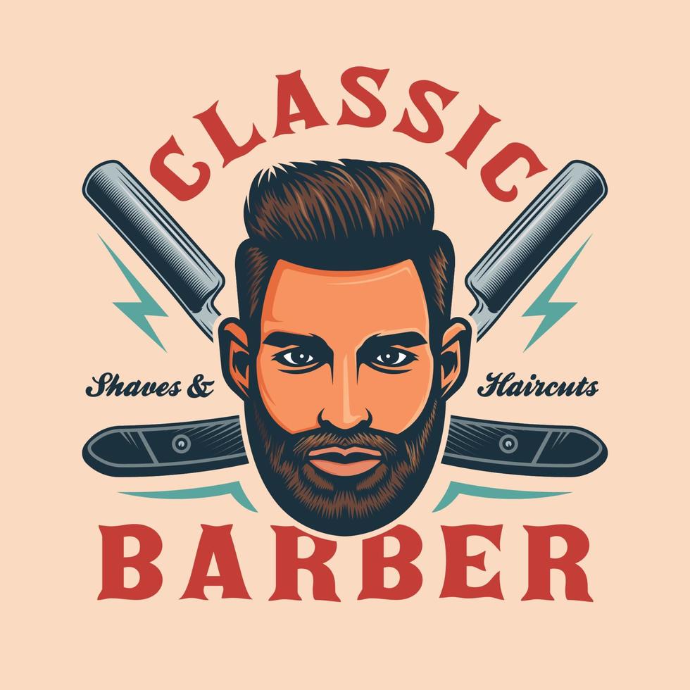 emblema de barbearia com rosto de homem e lâminas de barbear vetor