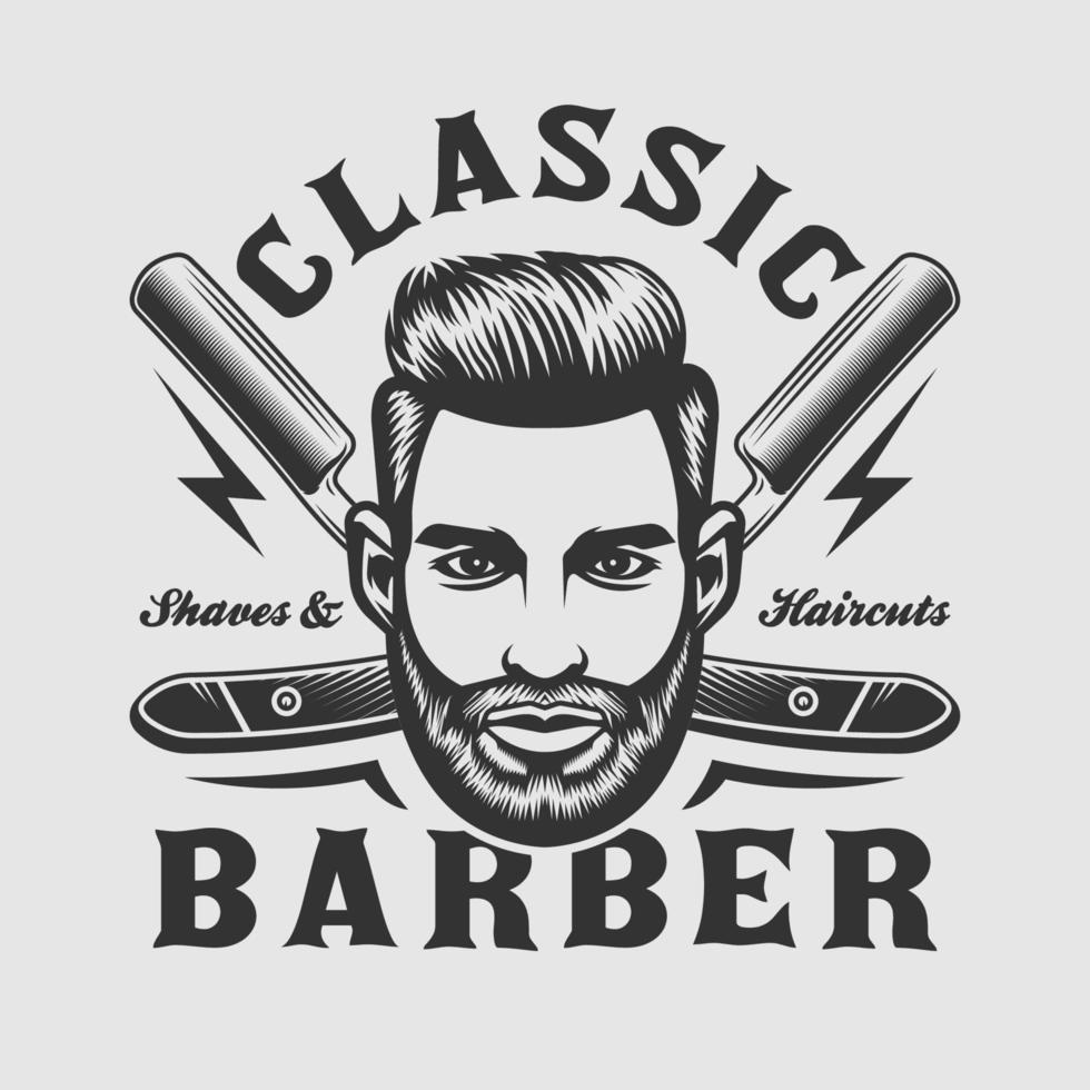 emblema de barbearia com rosto de homem e lâminas de barbear vetor