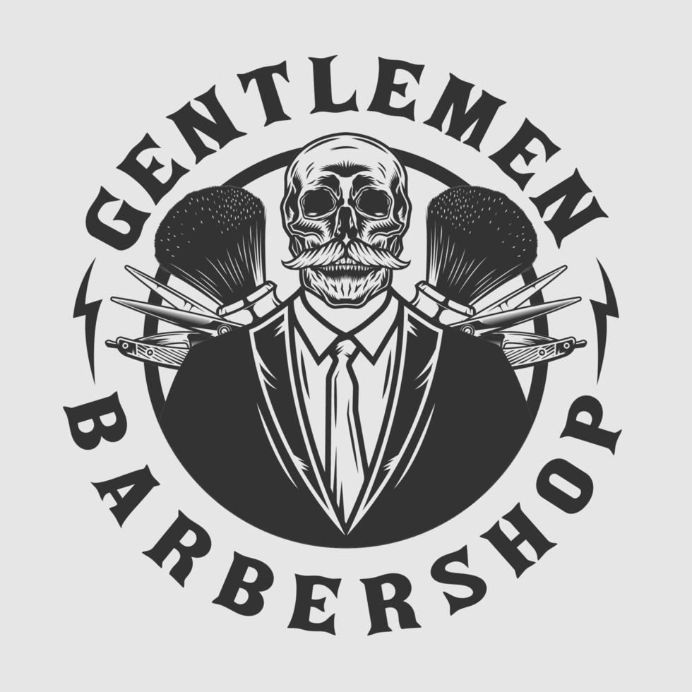 emblema de barbearia de cavalheiros de caveira com ferramentas de salão vetor
