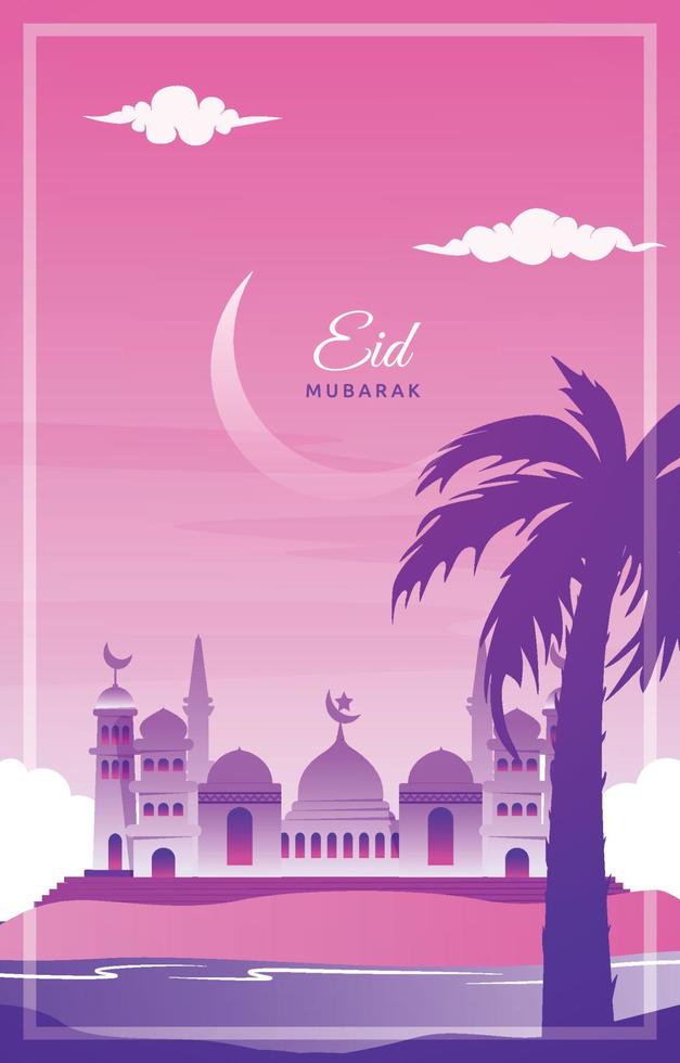 modelo de design de vetor de céu noturno de mesquita de cartão de saudação eid mubarak