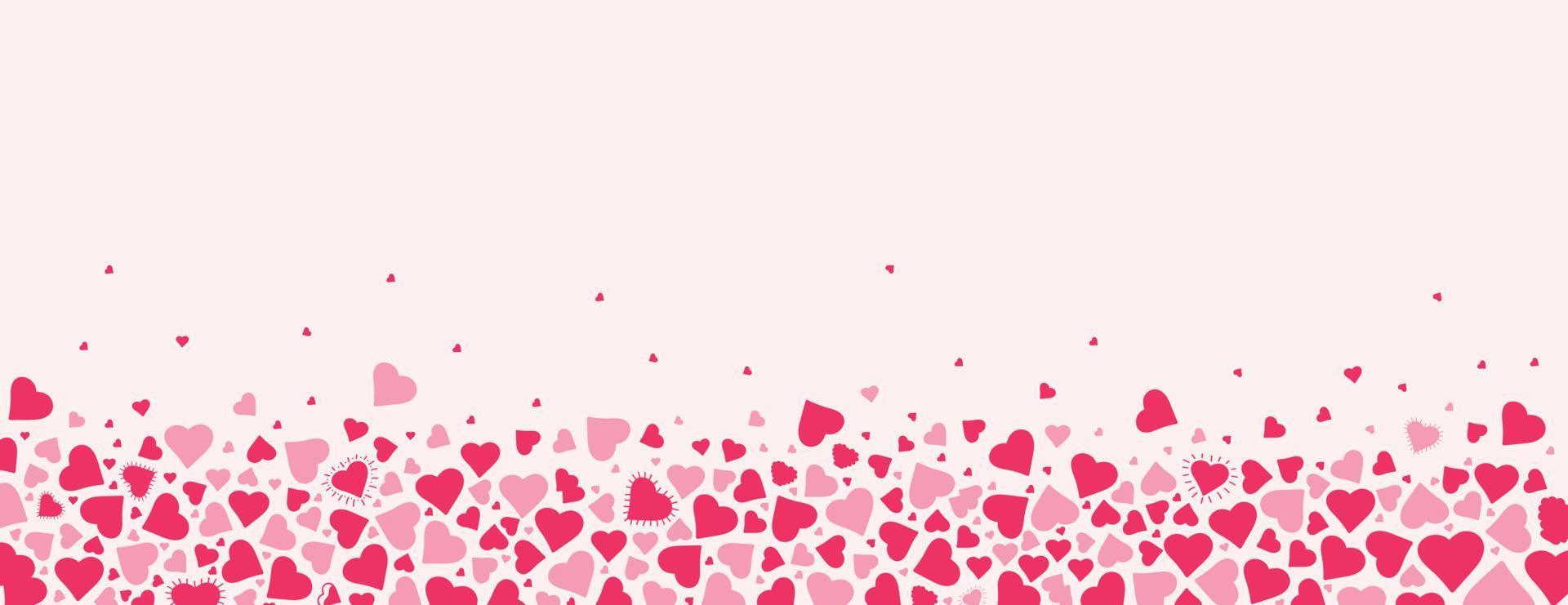 fundo horizontal festivo com diferentes corações rosa em fundo pastel. design moderno desenhado à mão para dia dos namorados, dia das mães ou conceitos de amor. ilustração vetorial vetor