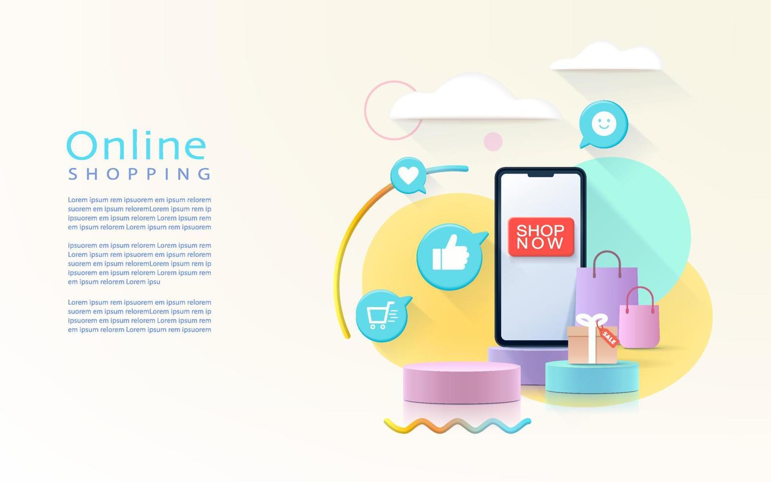 banner com conceito de compras online. ilustração vetorial com conceito de mobile marketing e aplicativo de e-commerce. vetor