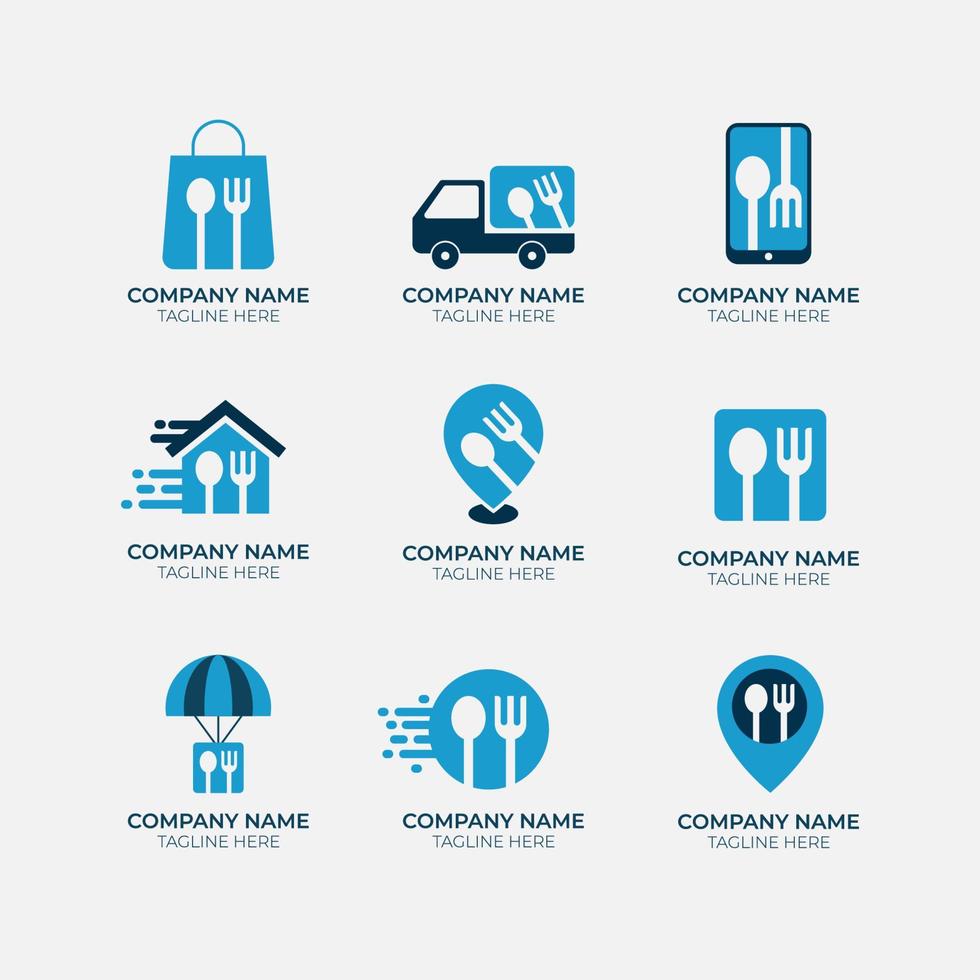 coleção de logotipo de comida de entrega com esquema de cores azul vetor