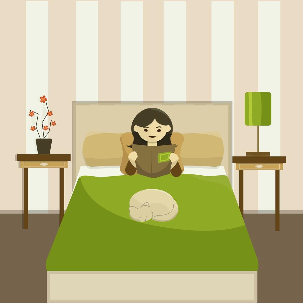 interior do quarto. menina lendo deitado na cama gato dormindo na cama ilustração vetorial vetor