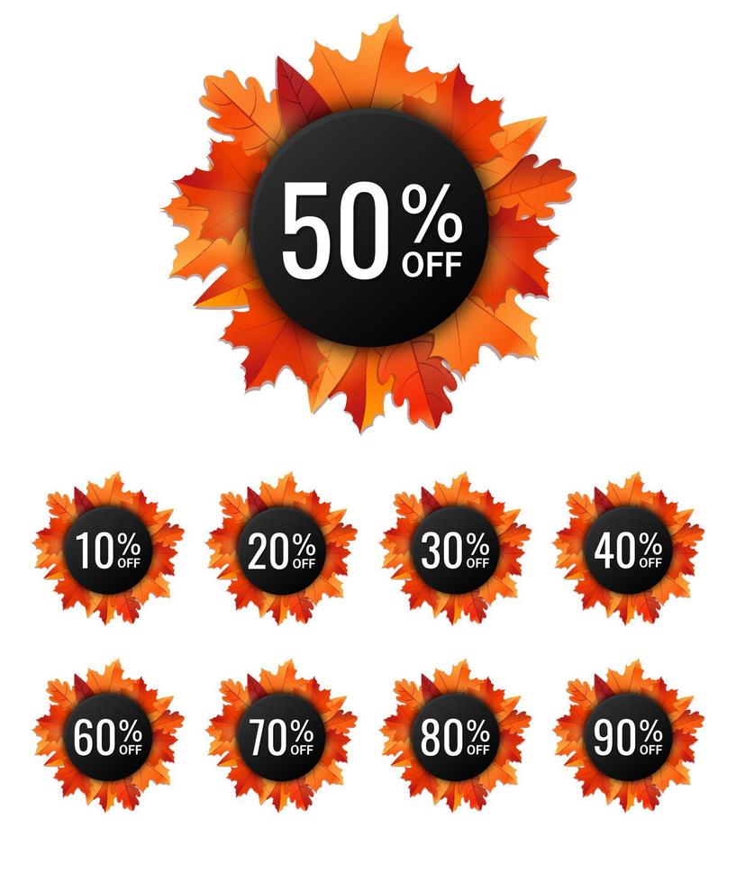 conjunto de emblemas com descontos percentuais para a venda de outono. 10, 20, 30, 40, 50, 60, 70, 80, 90. vetor