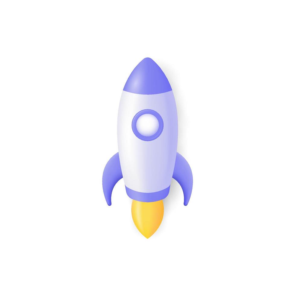ícone de foguete 3D em estilo minimalista de desenho animado. conceito de nave espacial de brinquedo de iniciar um negócio, inicialização, ideia. vetor