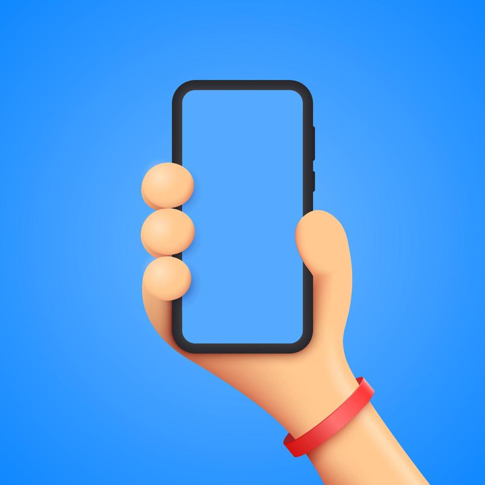 3D mão de uma pessoa ou personagem com uma pulseira segura um telefone. maquete de smartphone. ilustração vetorial 3d isolada sobre fundo azul. vetor