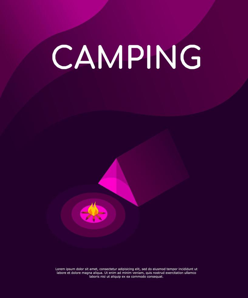 ilustração de paisagem noturna em estilo isométrico com tenda, fogueira, montanhas. fundo para acampamento de verão, turismo de natureza, acampamento ou conceito de design de caminhadas. poster vetor