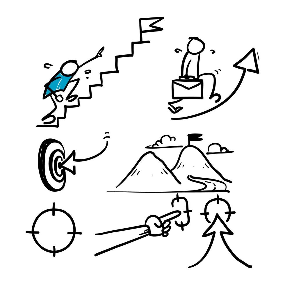 conjunto simples de alvo desenhado à mão e ícones de linha vetorial relacionados ao objetivo no doodle vetor