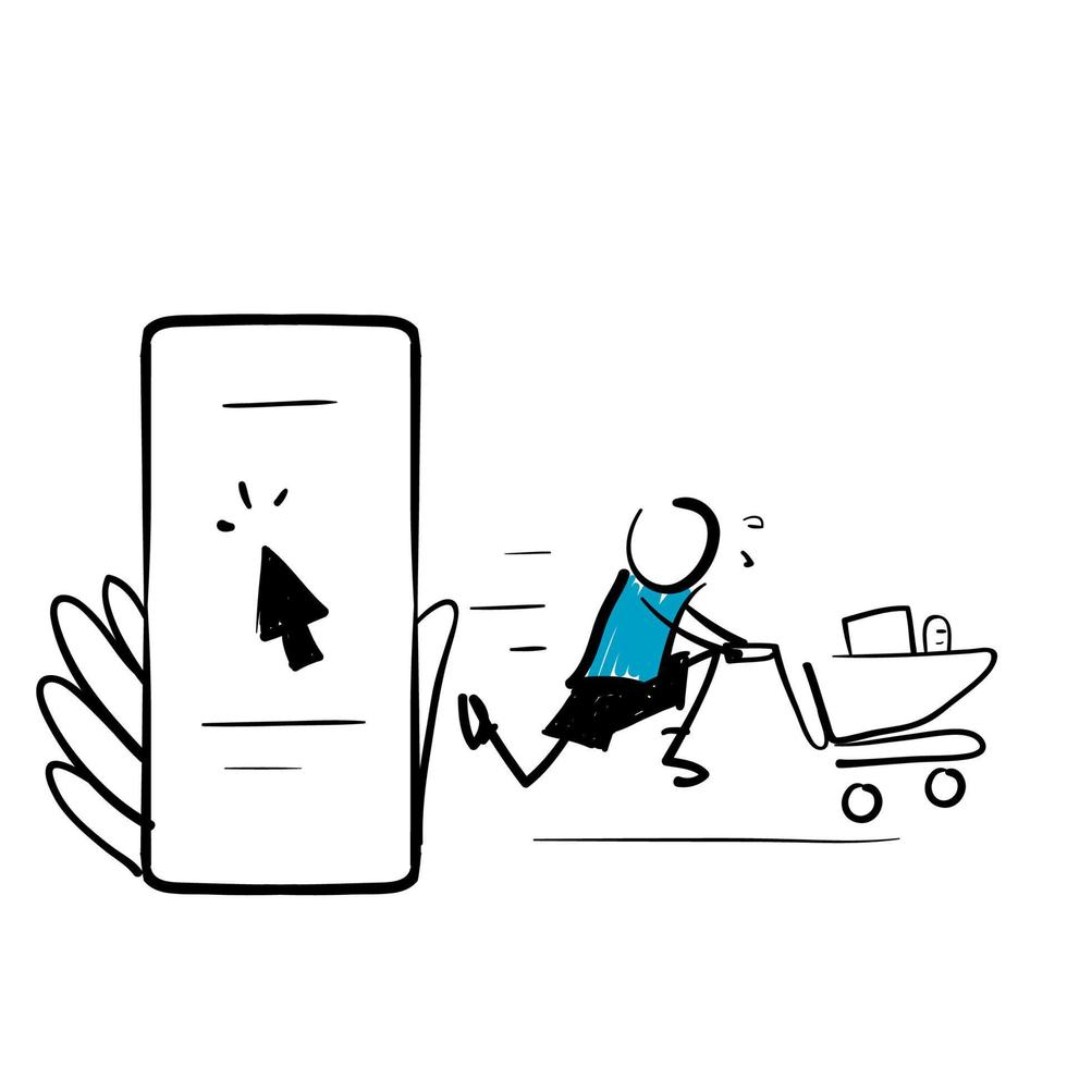 doodle desenhado à mão símbolo de telefone celular e carrinho de compras para vetor de ilustração de compras on-line