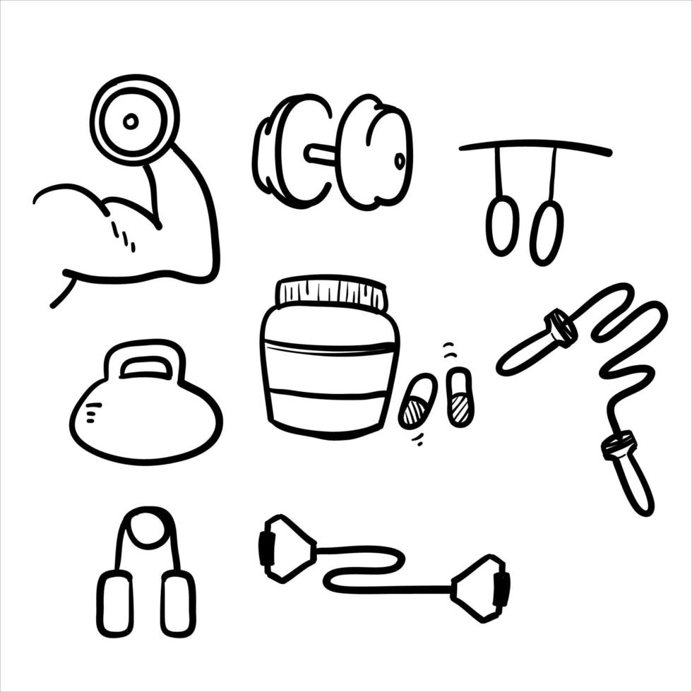 equipamento de fitness doodle desenhado à mão e vetor de ilustração de exercício