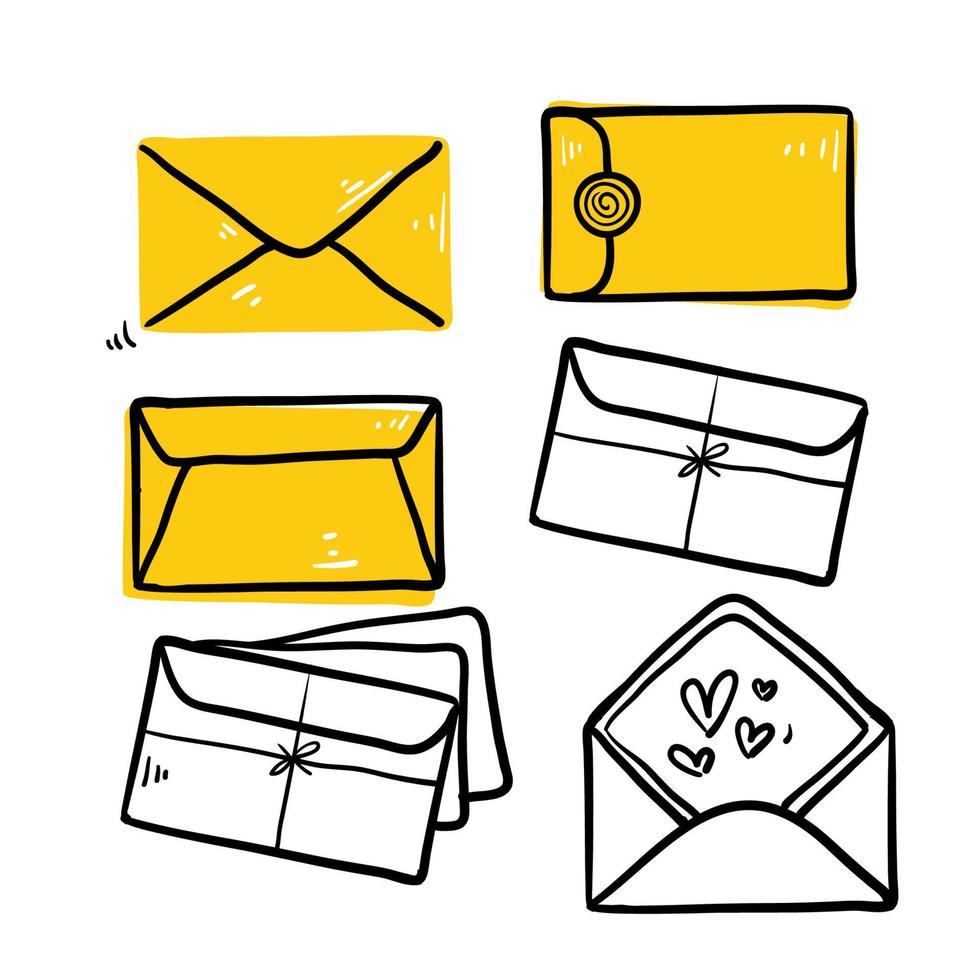 coleção desenhada à mão de diferentes envelopes com correio em vetor de estilo doodle isolado