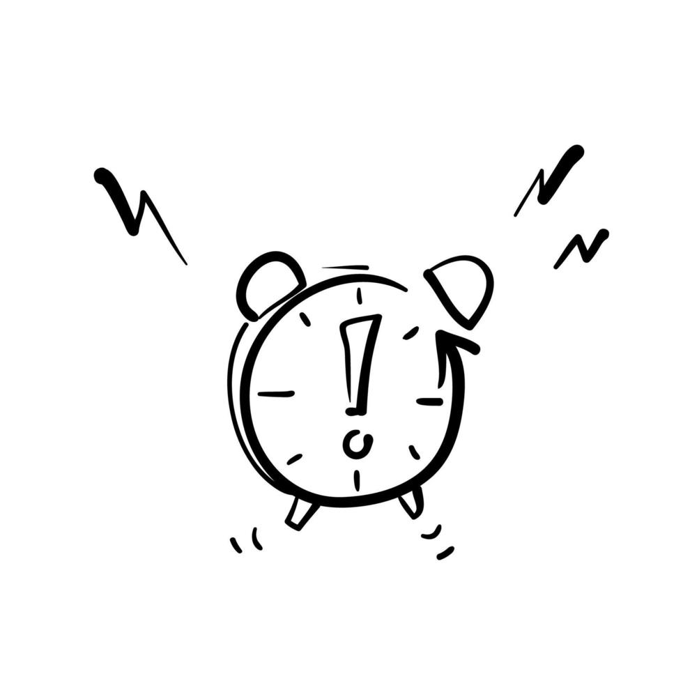 ponto de exclamação de esboço de doodle desenhado à mão com vetor de ilustração de relógio