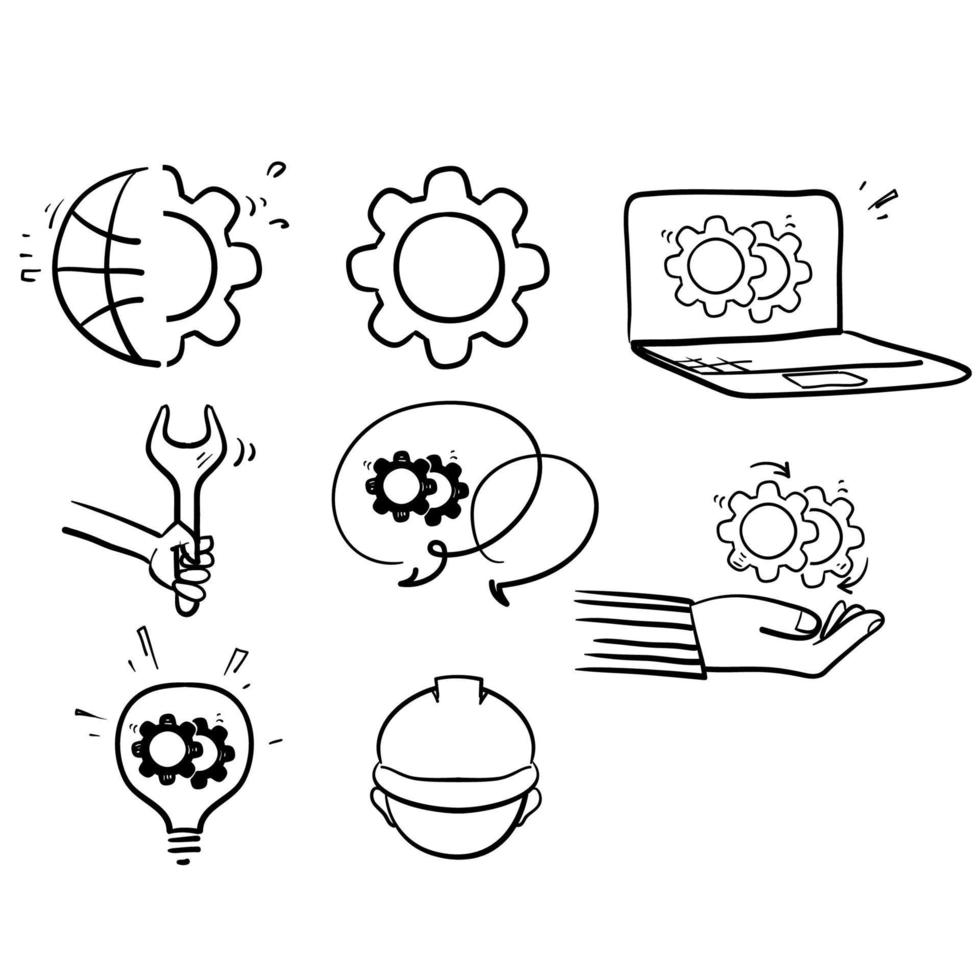 ícones de linha de engenharia e fabricação de doodle desenhados à mão vetor