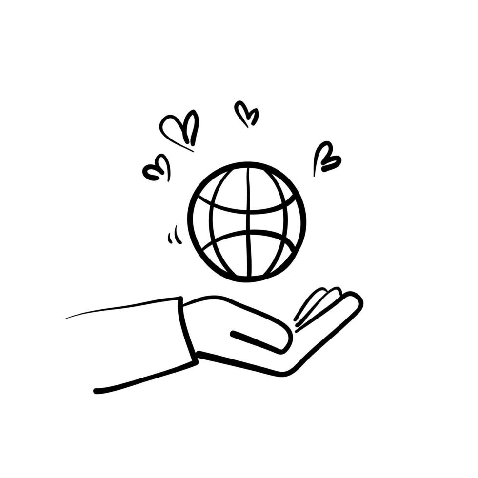 mão desenhada doodle terra globo amor ícone ilustração vetor isolado