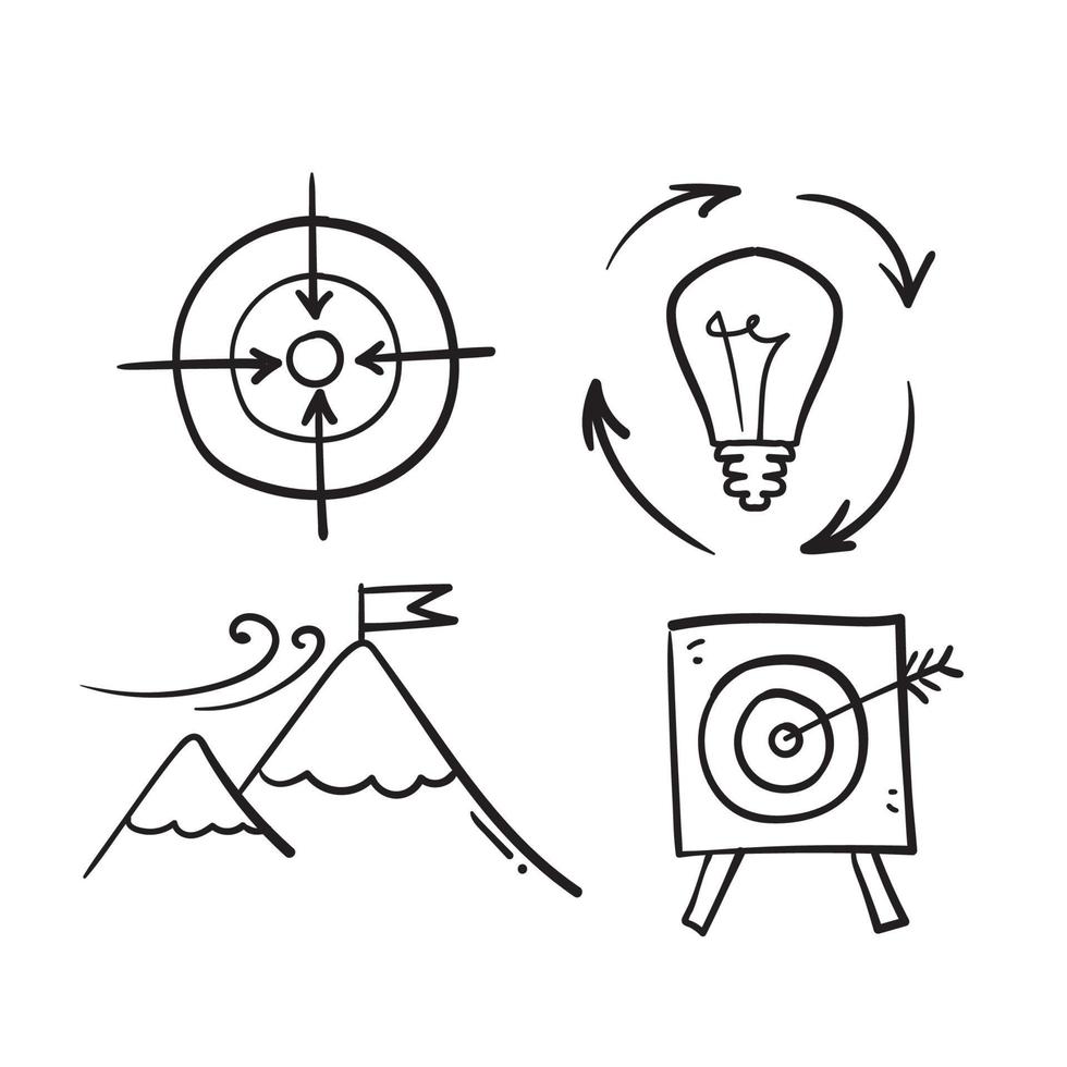 conjunto de rabiscos desenhados à mão de um símbolo de estratégia de negócios para foco pessoal, pensamento criativo, brainstorm, ambição, vetor de ilustração de objetivo