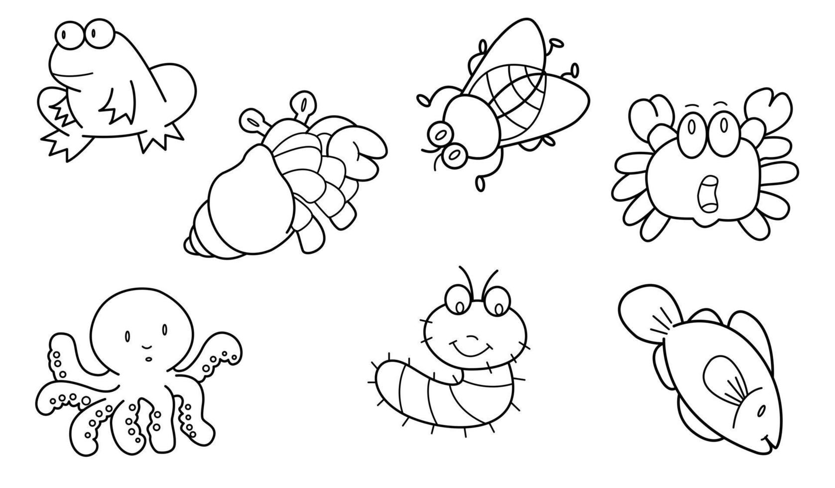 desenho bonito conjunto de vetores de contorno animal 17, sapo eremita-caranguejo caranguejo peixe verme lula libélula