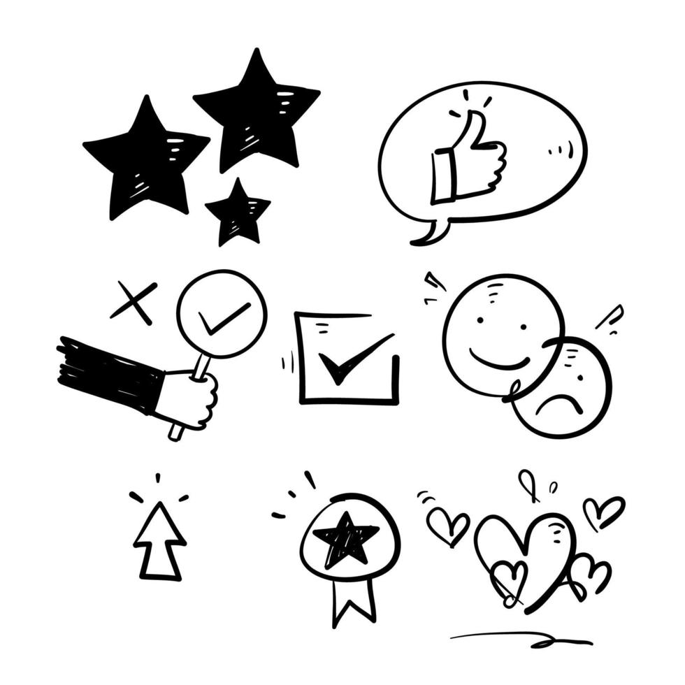 feedback de doodle desenhado à mão e revise o símbolo de ilustração de ícones finos vetor