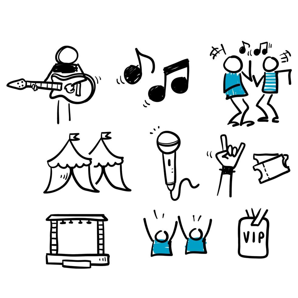 conjunto simples desenhado à mão de ícones de linha vetorial relacionados ao festival de música no vetor de estilo doodle