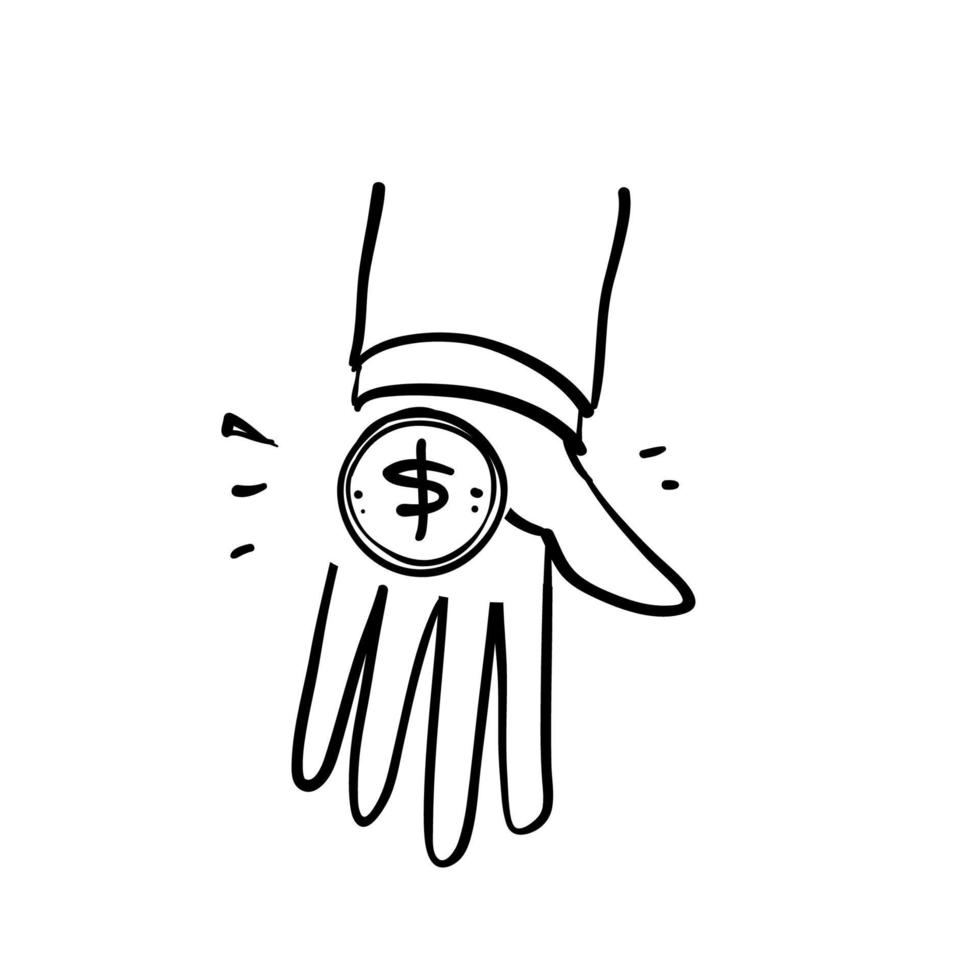 moeda de doodle desenhada à mão no vetor de ilustração de mão de palma isolado