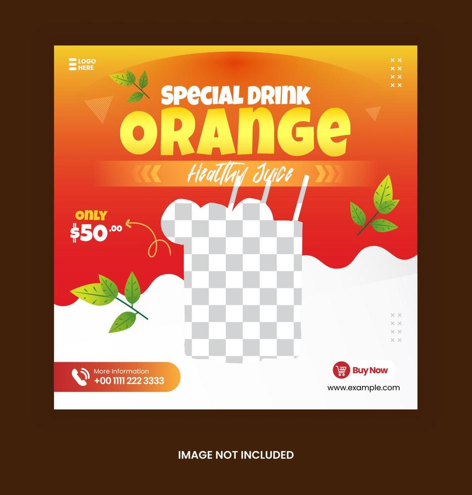 poste modelo de bebida fresca laranja para banner de publicidade de mídia social com cor laranja brilhante e ornamento de folha vetor