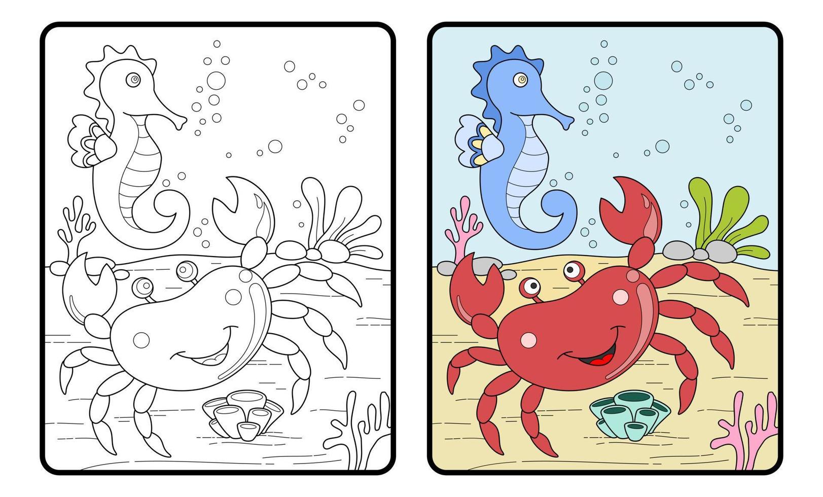 livro ou página para colorir de caranguejo e cavalos-marinhos, educação para crianças vetor