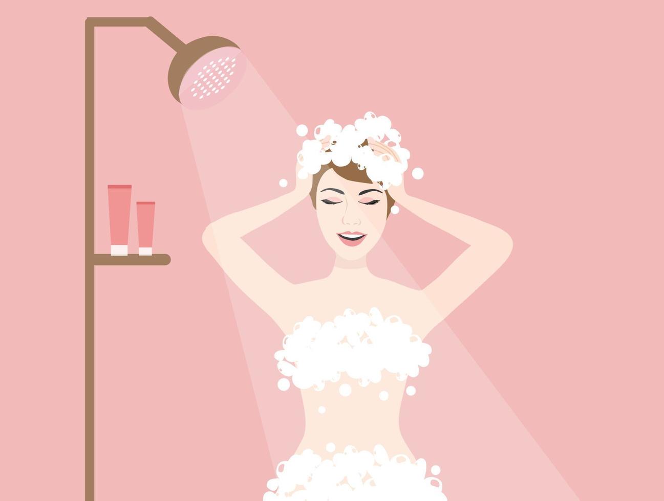 mulher tomando banho e lavando o cabelo na ilustração vetorial de banheiro. cuidados de beleza e conceito de higiene diária vetor