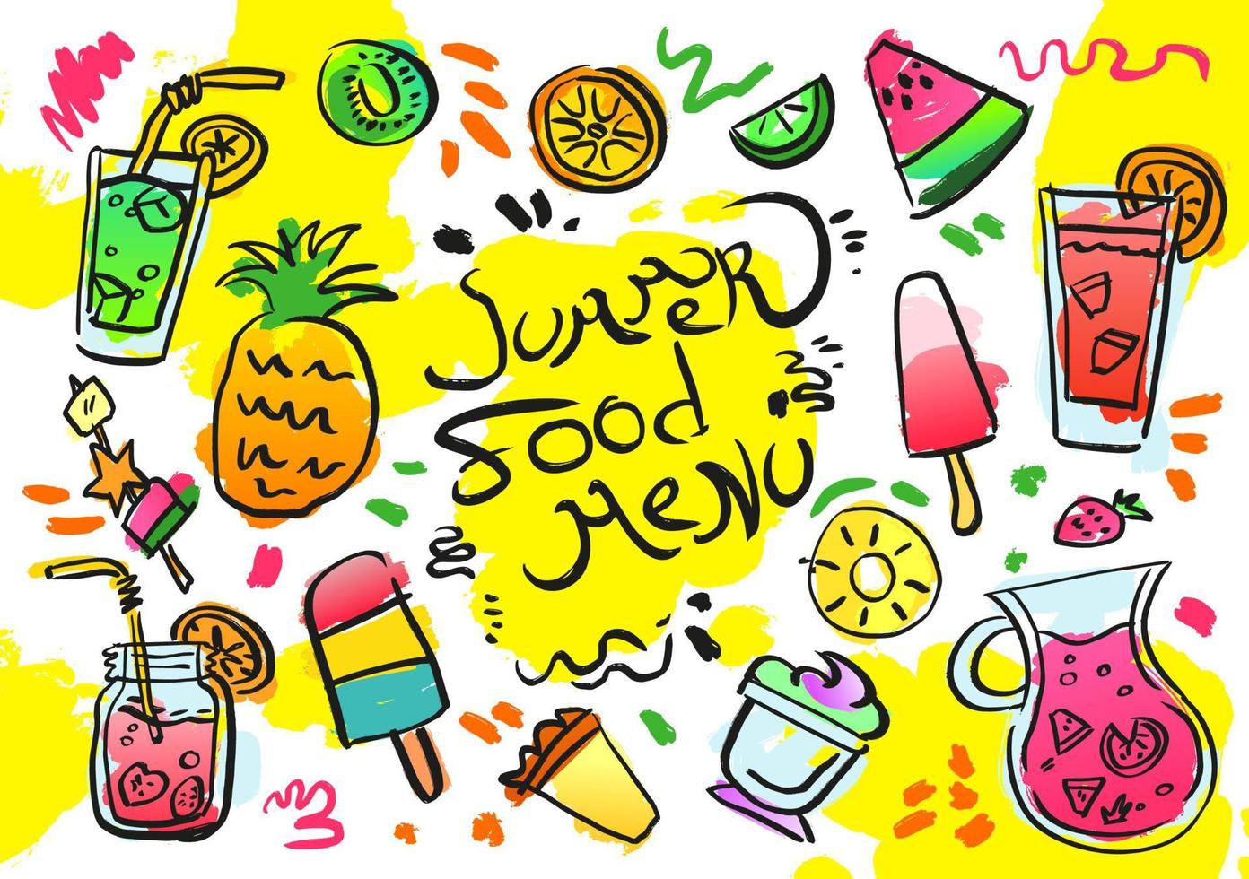 conjunto de mão desenhada ilustração isolada sobre fundo amarelo. doodle do menu de comida de verão, sorvete, suco, melancia, kiwi, abacaxi, mojito, laranja, limão vetor