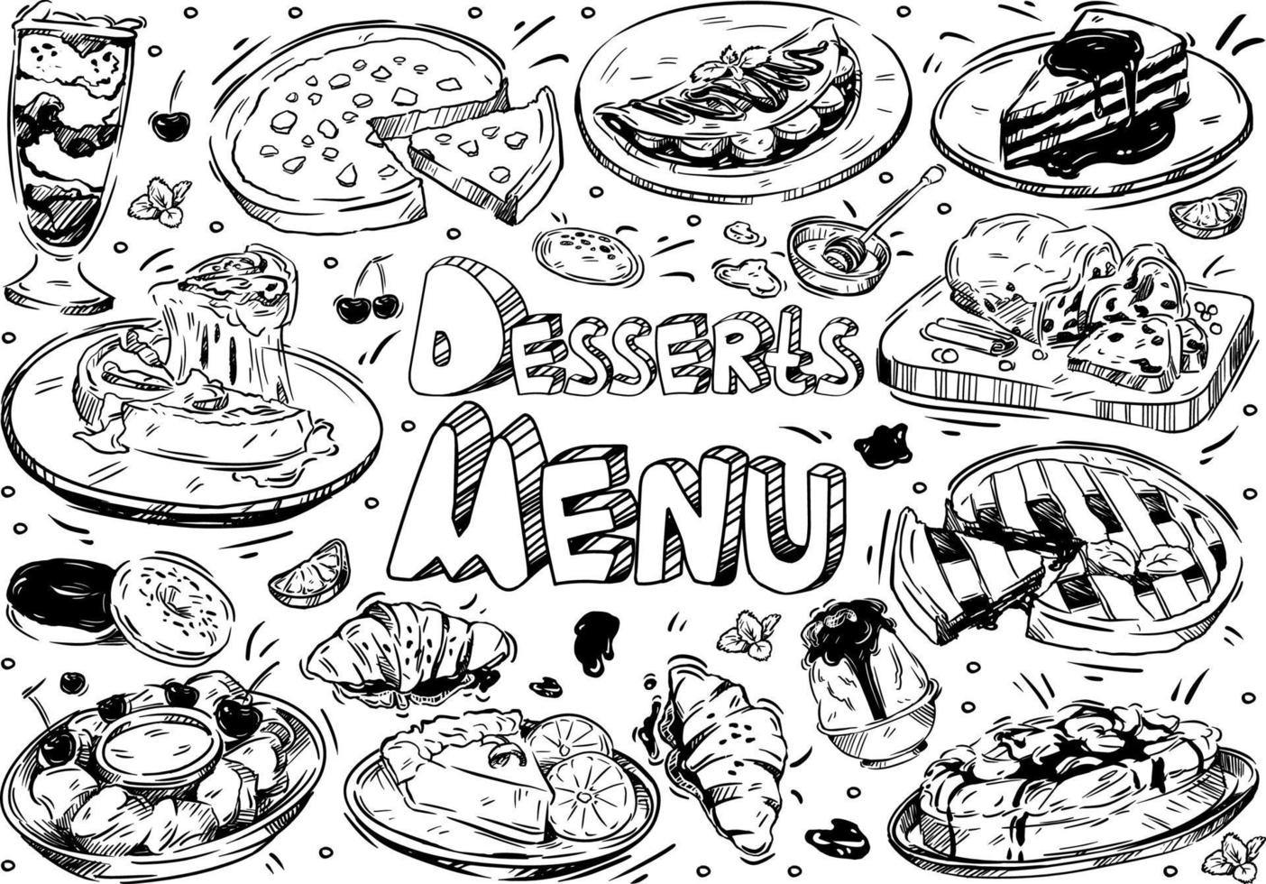 comida de ilustração vetorial desenhada à mão. doodle menu de sobremesas, cheesecake, croissant, sorvete de mirtilo, panquecas com banana, donuts, torta de passas, cereja, limão, hortelã, mel vetor