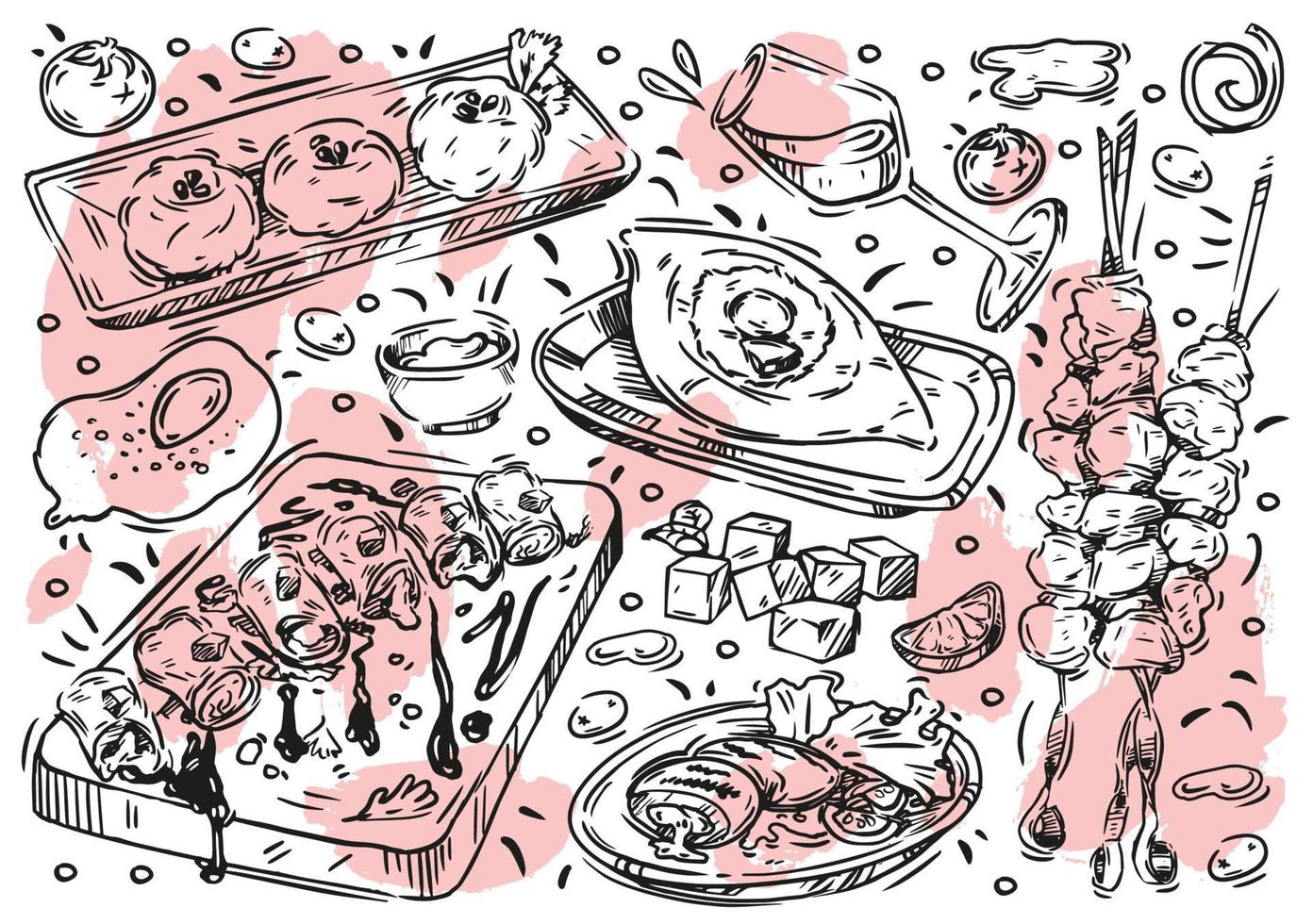 mão desenhada comida de ilustração vetorial linha sobre fundo branco. doodle cozinha georgiana, khachapuri adjaruli, churrasco mtsvadi, pkhali, saperavi, vinho, granada, queijo sulguni vetor
