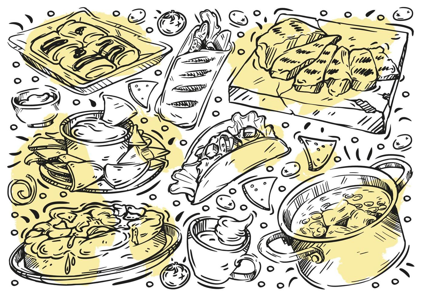 comida de ilustração vetorial de linha desenhada à mão. doodle cozinha mexicana, carne grelhada, bolo clássico tres leches, pico de gallo, taco, burrito, salsa, nachos, café, molho, panquecas, shawarma, ensopado de legumes vetor