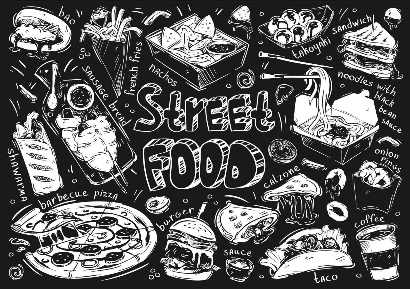 mão desenhada ilustração vetorial. doodle street fast food, bao, batatas fritas, pão de salsicha, pizza de churrasco, shawarma, nachos, takoyaki, sanduíche, macarrão, calzone, hambúrguer, taco, molho, café vetor