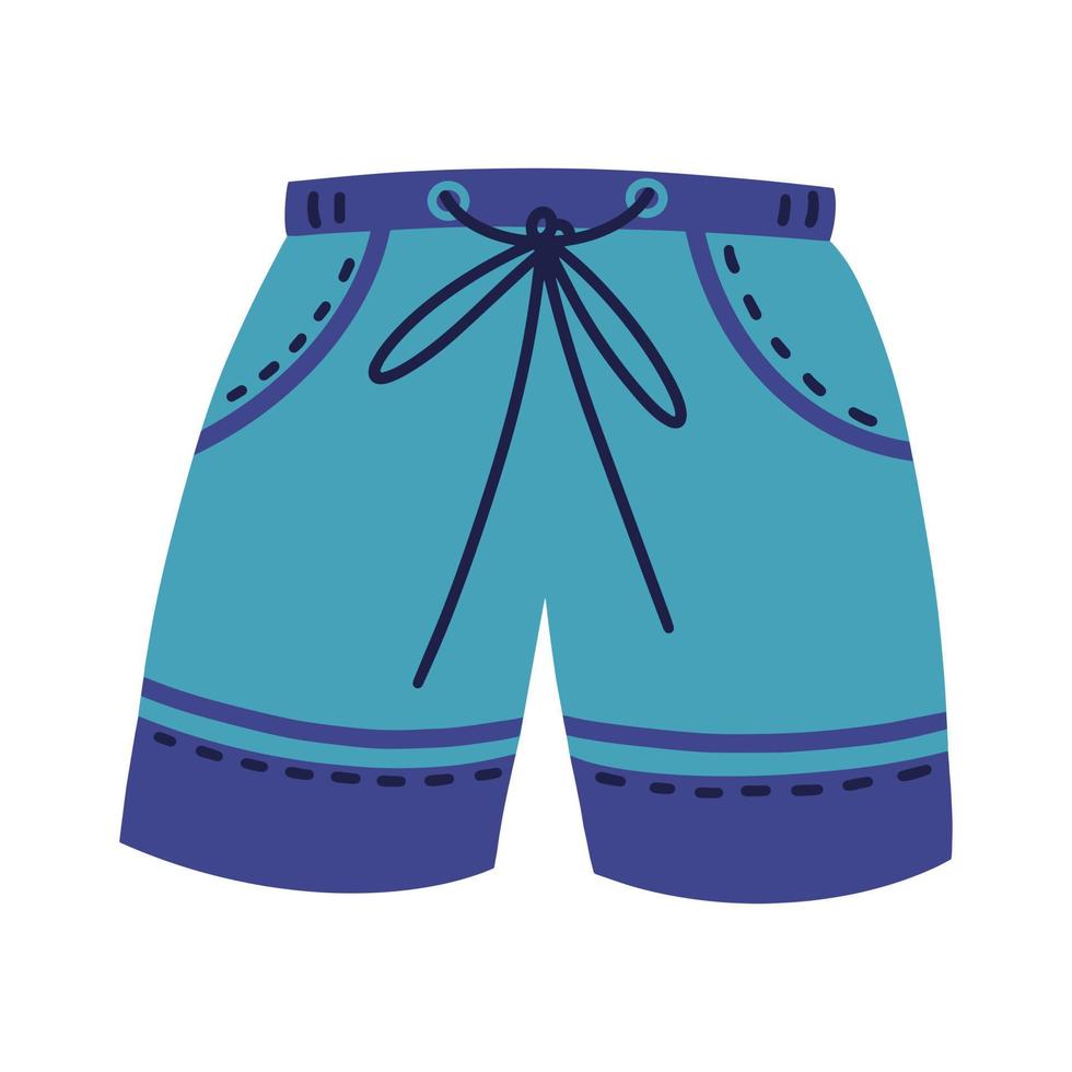 ícone de vetor de calções de praia de homens. ilustração desenhada à mão isolada no branco. roupas de verão da moda para esportes, recreação, banhos de sol. calção de banho azul com elástico, com cordão, bolsos